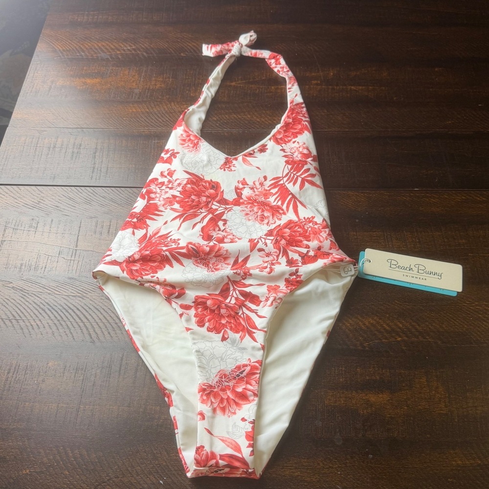 Beach Bunny Samantha One Piece Swimsuit Red Floral Medium Halter Low Back NWT